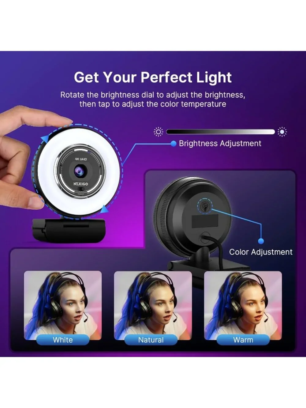 NEW NexiGo N680E Pro 4K Webcam with Ring Light, PDAF Autofocus, 1080p 60FPS